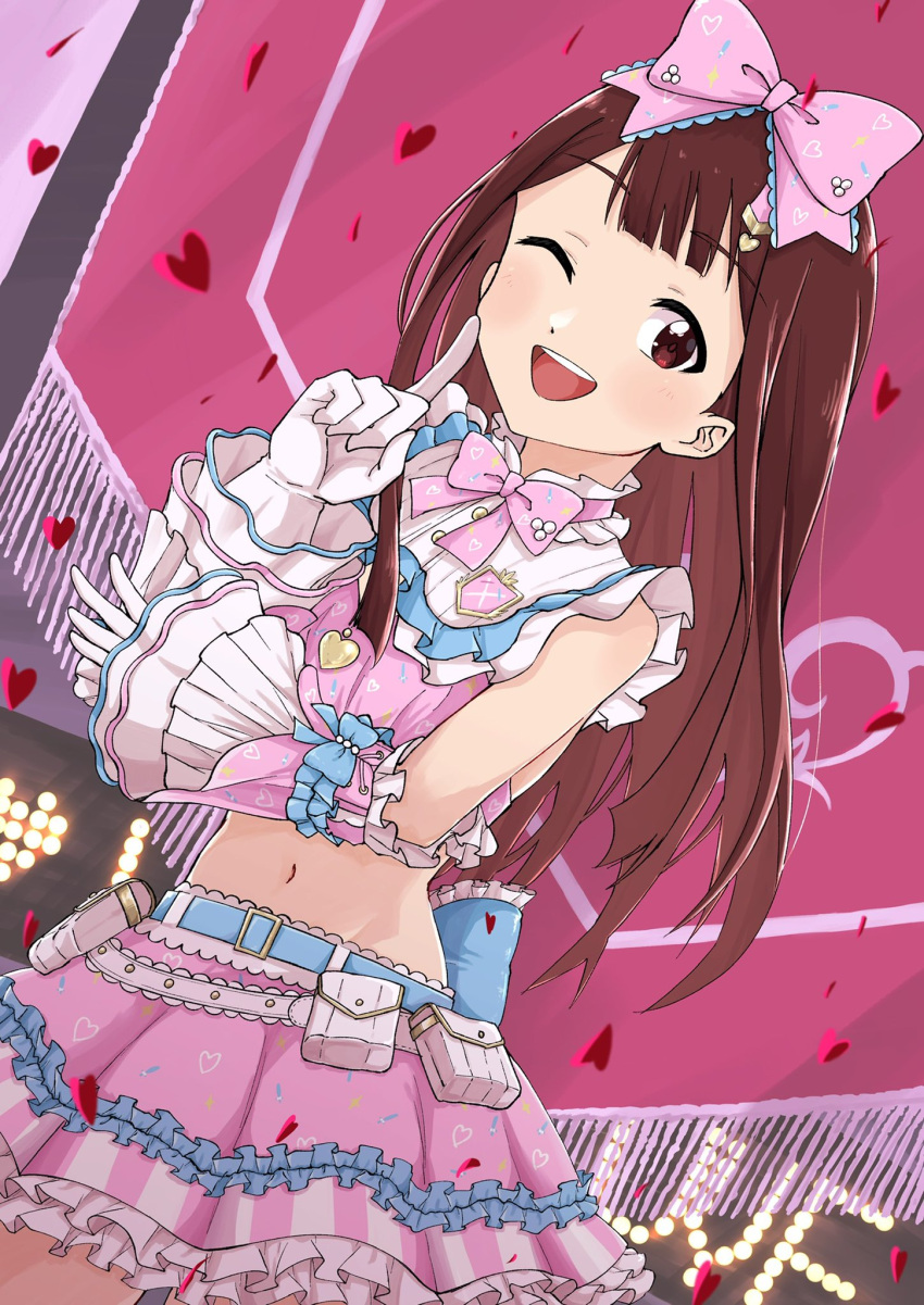 1girl ;d bare_shoulders belt blue_belt blue_ribbon blush bow bowtie breasts brown_eyes brown_hair confetti cowboy_shot crop_top cropped_shirt detached_sleeves dot_nose frilled_shirt frilled_skirt frills gloves hair_ribbon heart heart_print highres idolmaster idolmaster_million_live! idolmaster_million_live!_theater_days index_finger_raised layered_sleeves long_hair looking_at_viewer medium_breasts midriff navel nishigori one_eye_closed open_mouth pink_bow pink_bowtie pink_ribbon pink_shirt pink_skirt print_shirt print_skirt ribbon shirt skirt smile solo stage tanaka_kotoha teeth upper_teeth_only utility_belt white_gloves