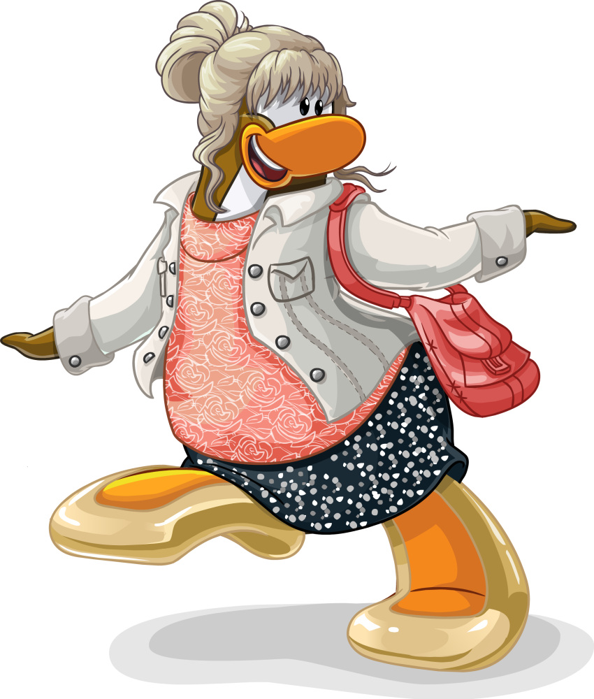 absurd_res avian bird black_bottomwear black_clothing black_skirt bottomwear clothed clothing club_penguin female floral_shirt full-length_portrait hair handbag hi_res jacket looking_aside official_art open_clothing open_jacket open_mouth open_topwear penguin pink_clothing pink_shirt pink_topwear polka_dot_skirt portrait red_bag shirt skirt solo topwear unknown_artist updo upper_teeth_only white_clothing white_hair white_jacket white_topwear