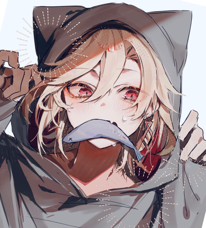 1boy animal_ears animal_hood blonde_hair blush cat_ears cat_hood earrings fang fish fish_in_mouth genshin_impact grey_background grey_hood grey_hoodie highres hood hood_up hoodie jewelry kaveh_(genshin_impact) male_focus medium_hair p_umauma red_eyes skin_fang solo