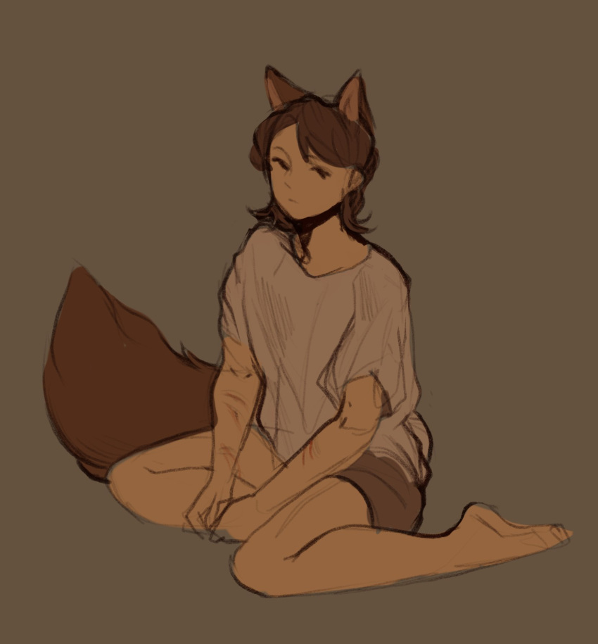 animal_humanoid barefoot bottomwear brown_hair bulochka clothed clothing digital_media_(artwork) feet female hair hi_res humanoid humanoid_feet kneeling plantigrade self-harm_scars shirt shorts simple_background sketch solo tail topwear