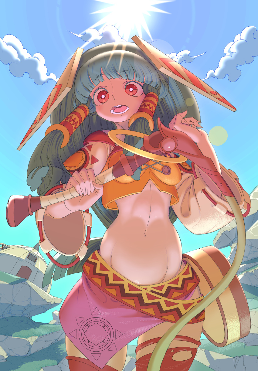 1girl absurdres breasts cloud feena_(grandia) grandia grandia_i green_hair hair_ornament hair_tubes highres holding holding_whip long_hair looking_at_viewer low-tied_long_hair midriff navel open_mouth skirt smile solo sun thighhighs whip wide_sleeves zinguuzisaburou