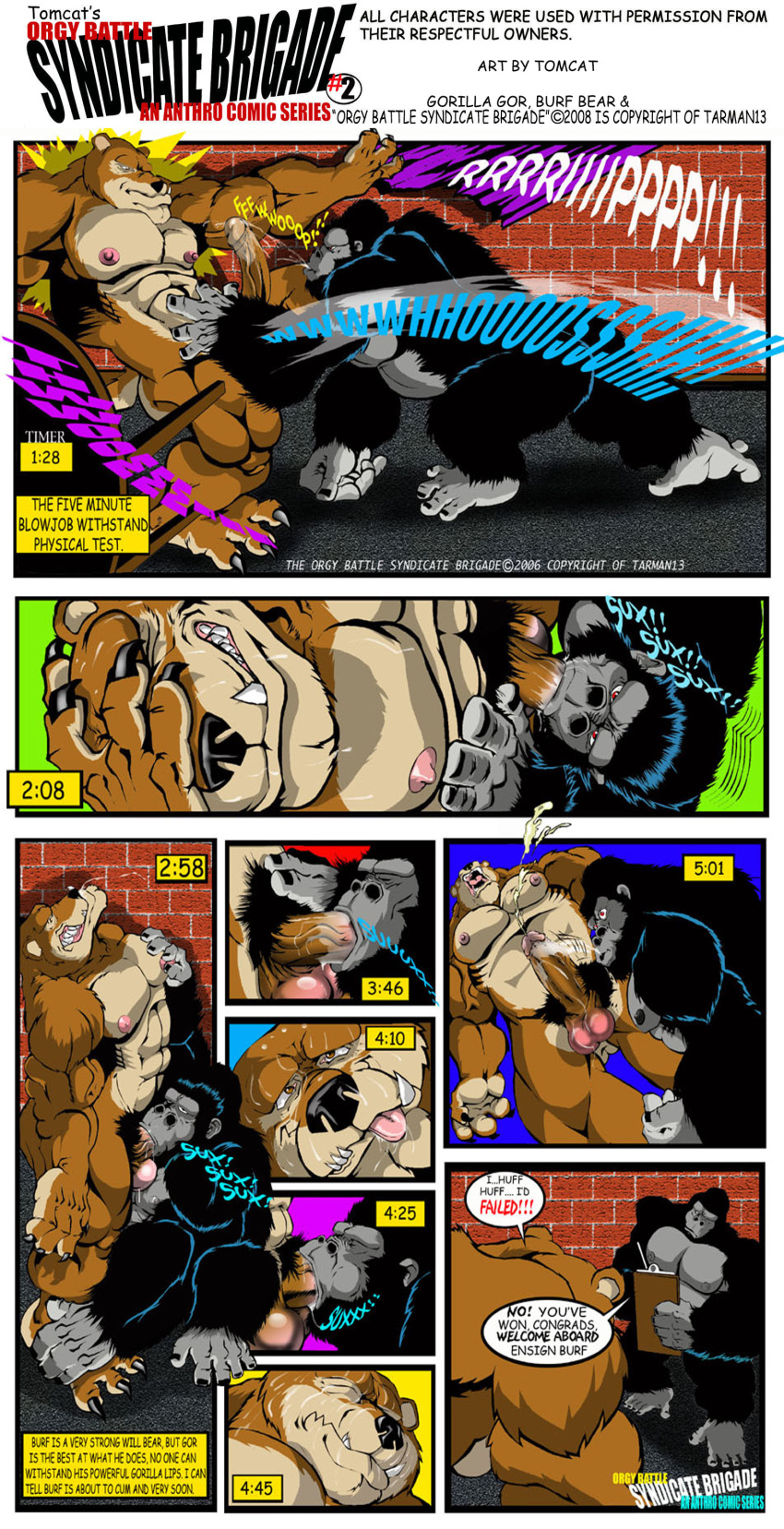 2006 absurd_res anthro ape balls bear bodily_fluids brown_bear burf_bear comic cum cumshot duo ejaculation english_text fellatio genital_fluids genitals gor_(tomcat) gorilla grizzly_bear haplorhine hi_res male male/male mammal muscular muscular_anthro muscular_male nipples oral penile penis primate pubes sex speech_bubble text tomcat_(artist) ursine