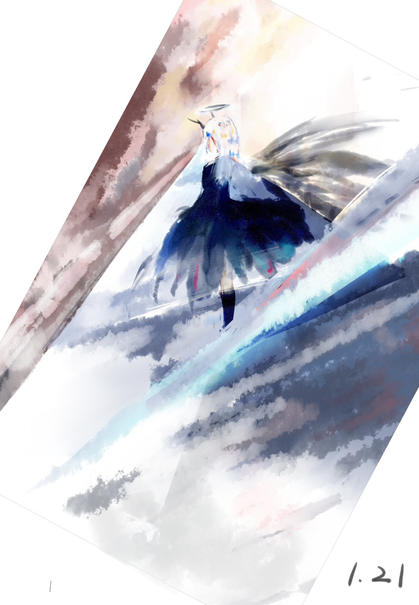 1girl abstract absurdres antlers arknights black_halo black_socks black_wings blue_dress character_request dated dress dutch_border feet_out_of_frame fog from_behind halo highres kneehighs long_hair miao_ao_tian paper_texture red_clouds socks solo standing white_hair wings