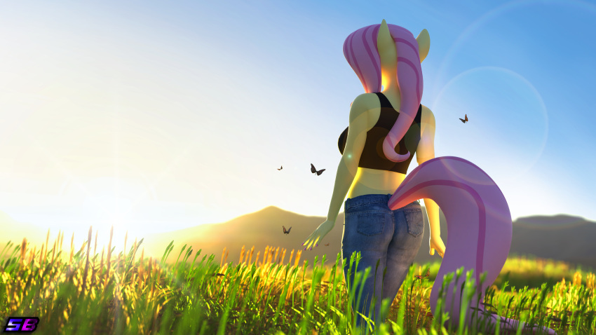 3d_(artwork) absurd_res anthro arthropod bottomwear breasts butterfly clothing crop_top denim denim_bottomwear denim_clothing digital_media_(artwork) equid equine female fluttershy_(mlp) friendship_is_magic hasbro hi_res insect jeans lepidopteran mammal my_little_pony pants pegasus rear_view shadowboltsfm shirt solo topwear wallpaper wings