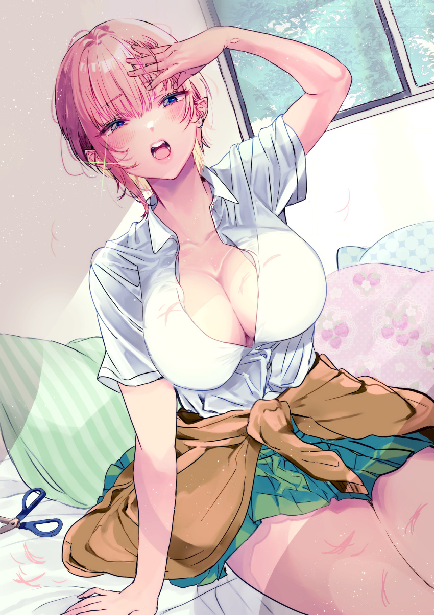 1girl absurdres arm_up blue_eyes blush breasts cleavage clothes_around_waist collarbone earrings go-toubun_no_hanayome green_skirt hand_in_own_hair highres indoors jewelry large_breasts looking_at_viewer nakano_ichika nununu_(nununu386) on_bed open_mouth pillow pink_hair pleated_skirt scissors shirt short_hair sitting skirt solo sweater sweater_around_waist thighs white_shirt window