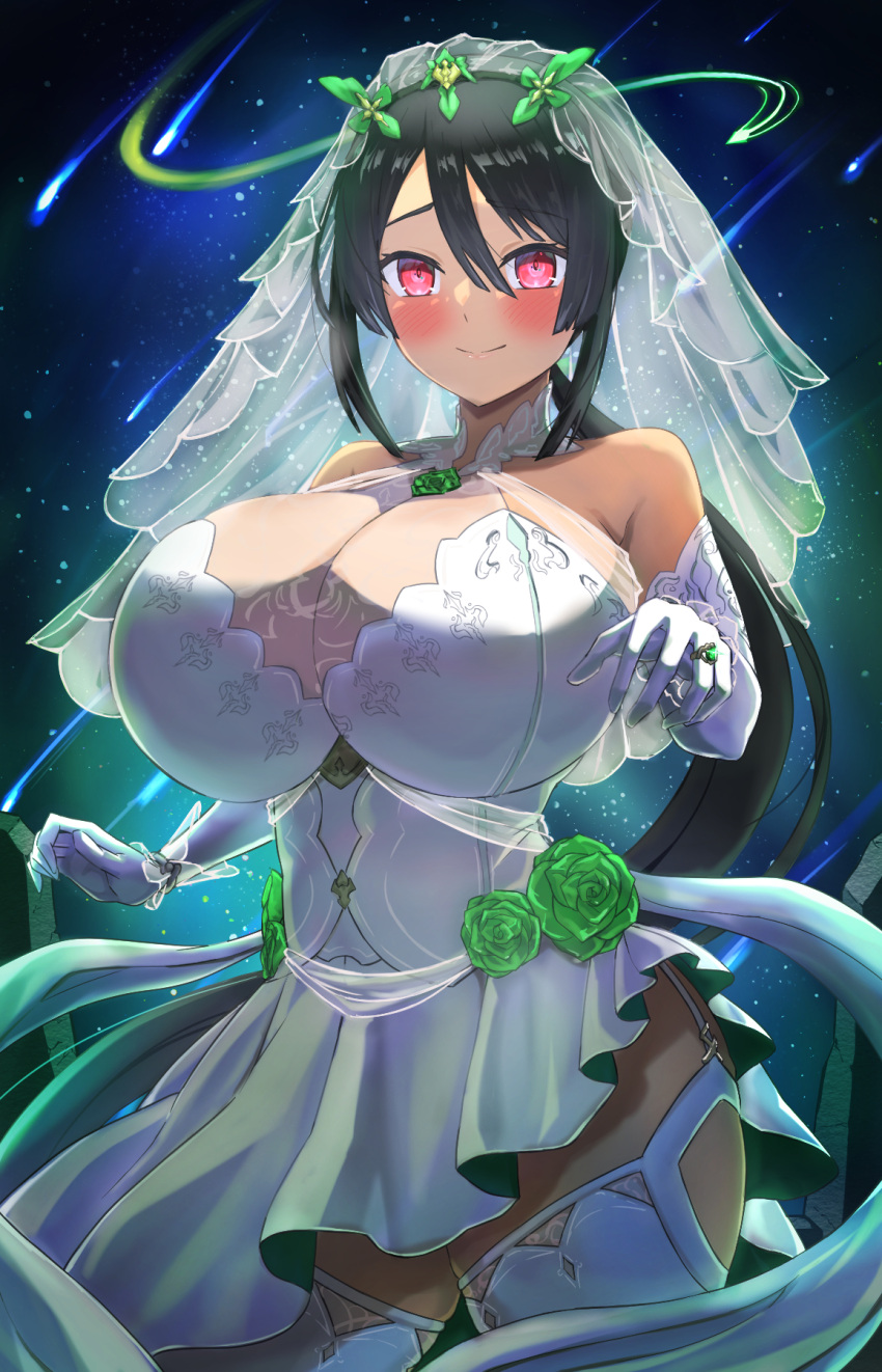 1girl aged_up bare_shoulders black_hair blush breasts bridal_veil cleavage closed_mouth commentary_request cowboy_shot dark-skinned_female dark_skin dress elbow_gloves flower garter_straps gem gloves green_flower green_gemstone green_rose hair_between_eyes highres hizakake huge_breasts jewelry long_dress long_hair looking_at_viewer low_ponytail meteor_shower night pleated_dress pokemon pokemon_(game) pokemon_oras red_eyes ring rose see-through see-through_cleavage sidelocks skindentation sleeveless sleeveless_dress solo standing thighhighs veil very_long_hair wedding_dress wedding_ring white_dress white_gloves white_thighhighs wrist_cuffs zinnia_(pokemon)