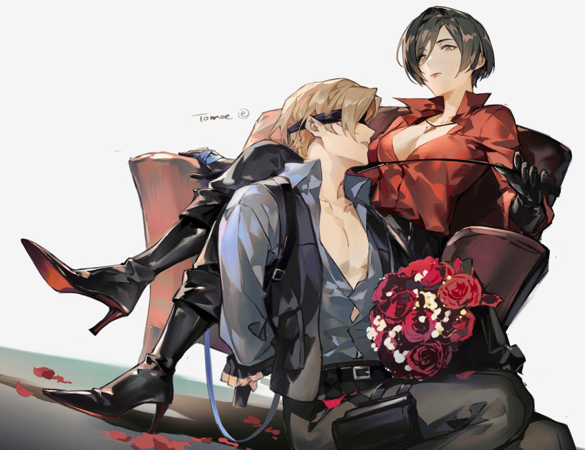 1boy 1girl ada_wong arms_behind_back black_blindfold black_gloves black_hair blindfold blonde_hair blue_shirt boots bound bound_arms bouquet breasts brown_eyes chest_harness cleavage collarbone crossed_legs e_(h798602056) english_commentary fingerless_gloves flower gloves hair_between_eyes harness high_heel_boots high_heels highres holding_riding_crop jewelry leon_s._kennedy medium_breasts necklace on_chair open_clothes open_shirt pants petals red_flower red_lips red_rose red_shirt resident_evil riding_crop rose shiny_clothes shirt short_hair signature sitting thigh_strap twitter_username