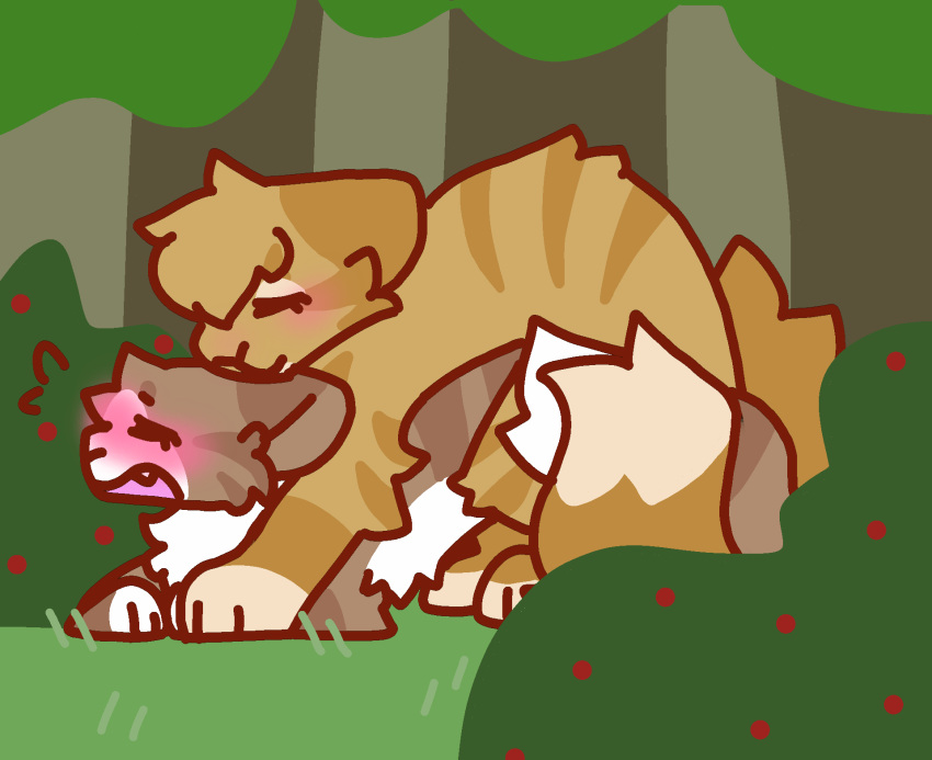 ass_up blush blushing_profusely brown_body brown_fur brown_stripes cheek_tuft chest_tuft colored_line_art convenient_censorship domestic_cat duo duo_focus entwined_tails eyelashes eyes_closed facial_tuft felid feline felis female feral feral_on_feral fluffy fluffy_tail forest forest_background from_behind_position fur gasp group hair head_tuft hi_res leafpool_(warriors) long_hair male male/female mammal markings mothwing_(warriors) mounting nature nature_background no_shading one_eye_obstructed one_tooth open_mouth orange_body orange_fur orange_stripes paws plant sex simple_background simple_coloring smile spraypaintedrockk striped_markings stripes tabby_cat tail tail_coil tooth_showing trans_(lore) trans_woman_(lore) tree tuft warriors_(cats) white_body white_chest white_fur yew_plant