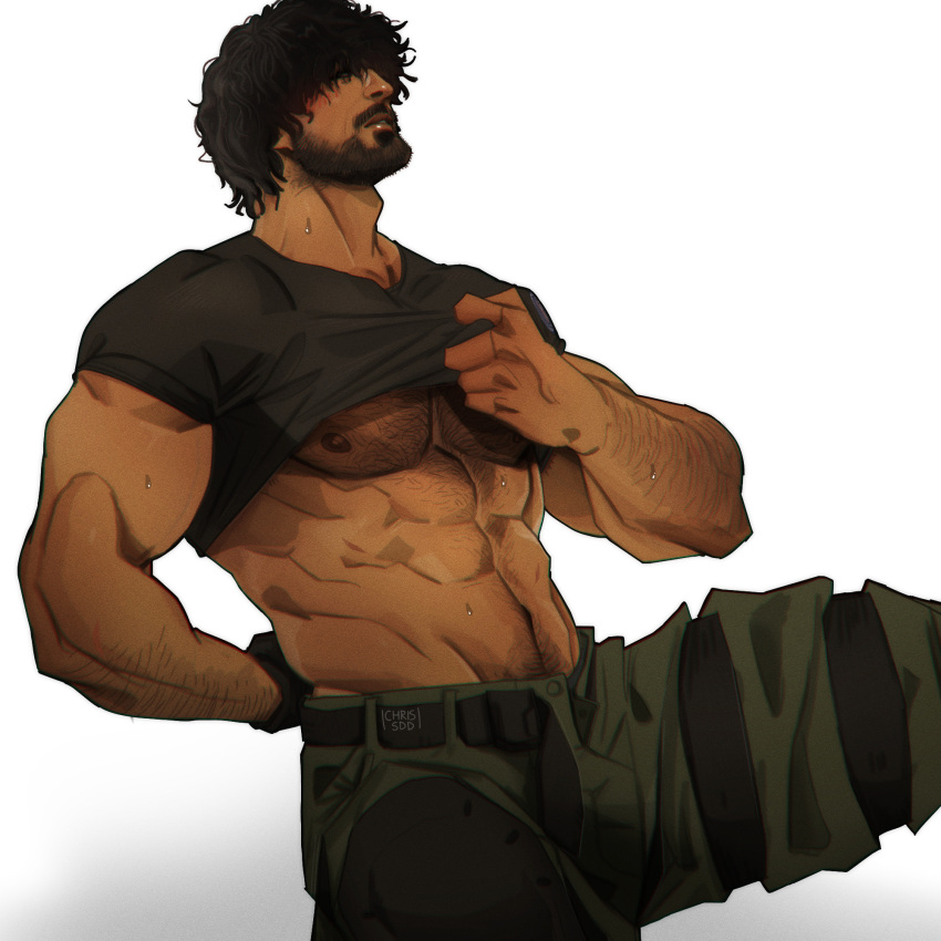 1boy abs arm_hair bare_pectorals belt black_belt black_gloves black_hair black_shirt blush carlos_oliveira chris_sdd closed_mouth clothes_lift facial_hair gloves green_pants hair_over_eyes highres male_focus navel nipples open_belt pants pectorals resident_evil resident_evil_3:_nemesis resident_evil_3_(remake) shirt shirt_lift short_hair simple_background single_glove solo white_background