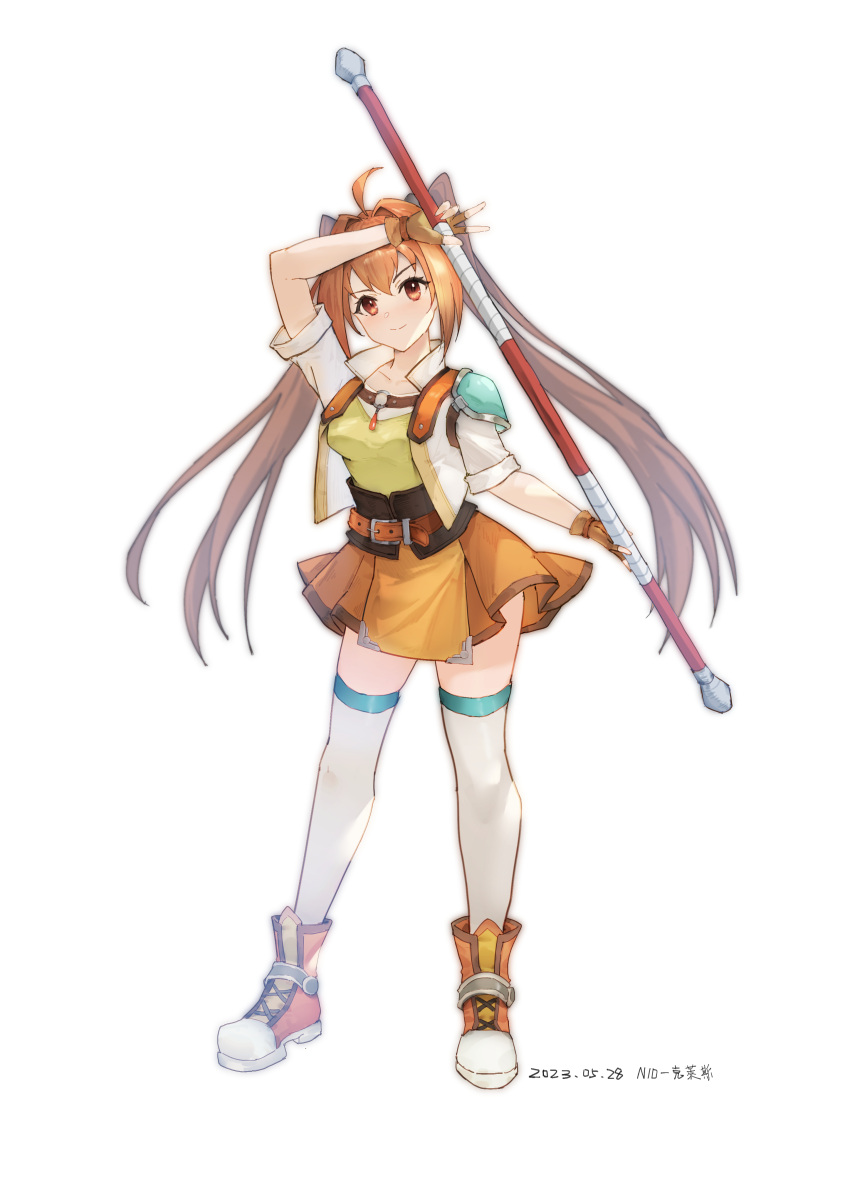 1girl absurdres ahoge belt boots breasts collar collarbone commentary_request cross-laced_footwear dated double-parted_bangs eiyuu_densetsu estelle_bright eyelashes highres holding holding_staff long_hair n100924 orange_footwear orange_hair orange_skirt red_eyes simple_background single_shoulder_pad skirt smile solo sora_no_kiseki staff thighhighs v white_background white_collar white_thighhighs