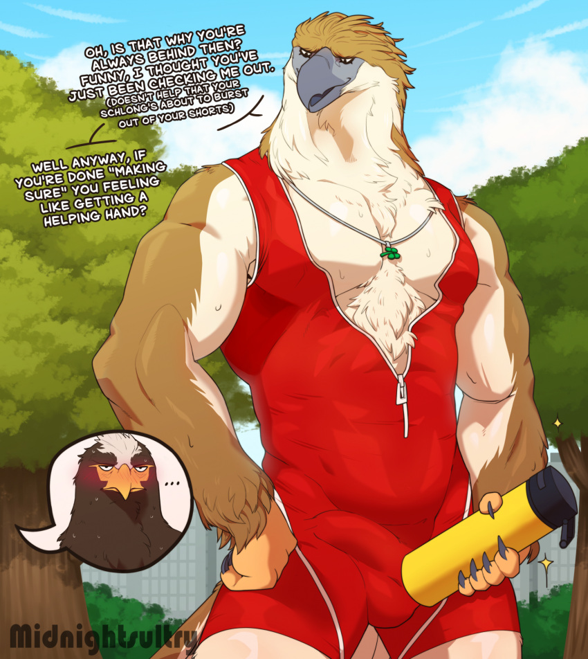 accipitrid accipitriform anthro avian beak bird blush bulge clothed clothing dialogue duo eagle erection erection_under_clothing food food_fetish genital_outline hi_res male midnightsultry muscular muscular_male outside pecs penis_outline plant sky smile suggestive suggestive_food suggestive_pose tracksuit tree zipper_down