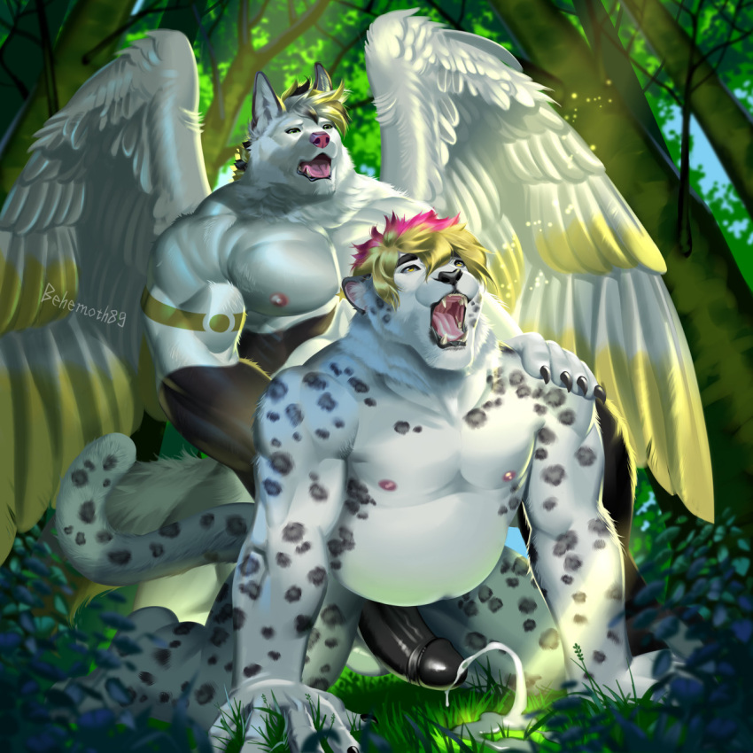 all_fours anal_orgasm anthro behemoth89 black_body black_fur black_penis blonde_hair canid canine canis doggystyle duo ejaculation fangs feathers felid forest forest_background from_behind_position fur genitals grass green_eyes hair hand_on_shoulder hi_res highlights_(coloring) leopard leopard_spots male male/male mammal multicolored_body multicolored_fur nature nature_background nipples orgasm orgasm_face outside outside_sex pantherine penis pink_nipples plant sex short_hair snow_leopard spoted_fur spots spread_wings teeth tongue tree white_body white_feathers white_fur white_wings wings wolf yellow_body yellow_eyes yellow_feathers