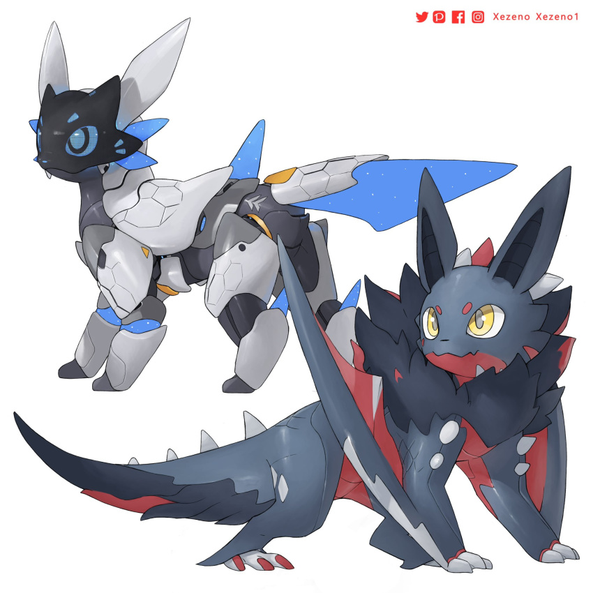 animal_focus artist_name blue_pupils blue_sclera colored_sclera commentary eevee english_commentary facebook_logo facebook_username fakemon highres instagram_logo instagram_username no_humans original pixiv_logo pixiv_username pokemon pokemon_(creature) robot simple_background slit_pupils twitter_logo twitter_username white_background xezeno yellow_eyes