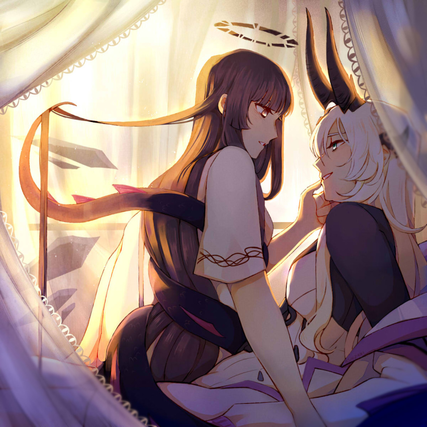 2girls arched_back arknights arm_support artist_name backlighting bed_sheet bedroom black_dress black_hair black_halo black_wings blonde_hair blunt_bangs breasts broken_halo brown_eyes clothes_on_bed commentary curtains dark_halo detached_wings dragon_girl dragon_horns dragon_tail dress eblana_(arknights) energy_wings eye_contact from_side green_eyes hair_ornament hair_over_one_eye hair_spread_out halo hand_on_another's_cheek hand_on_another's_face hand_up highres hime_cut horns indoors jacket lapels leaning leaning_back light_blush light_particles long_hair long_sleeves looking_ahead looking_at_another looking_down looking_up medium_breasts multicolored_clothes multicolored_dress multiple_girls off_shoulder on_bed open_clothes open_jacket parted_lips profile shade shadow short_sleeved_jacket short_sleeves sidelocks sihzari sitting sitting_on_lap sitting_on_person smile sunlight sunrise symbol-only_commentary tail tail_wrap teeth thumb_to_mouth twitter_username two-tone_dress very_long_hair virtuosa_(arknights) white_dress white_jacket wide_sleeves window window_shade wings yuri