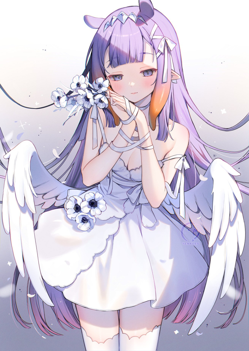 1girl angel_wings blush breasts cleavage closed_mouth cowboy_shot double_strap_slip dress feathered_wings feathers flower gradient_hair hair_ribbon highres hololive hololive_english light_purple_hair light_smile long_hair medium_breasts multicolored_hair ninomae_ina'nis orange_hair own_hands_together pointy_ears purple_eyes ribbon sleeveless sleeveless_dress solo standing strap_slip tentacle_hair thighhighs very_long_hair virtual_youtuber white_dress white_feathers white_flower white_ribbon white_thighhighs white_wings wings wrist_ribbon yenkoes