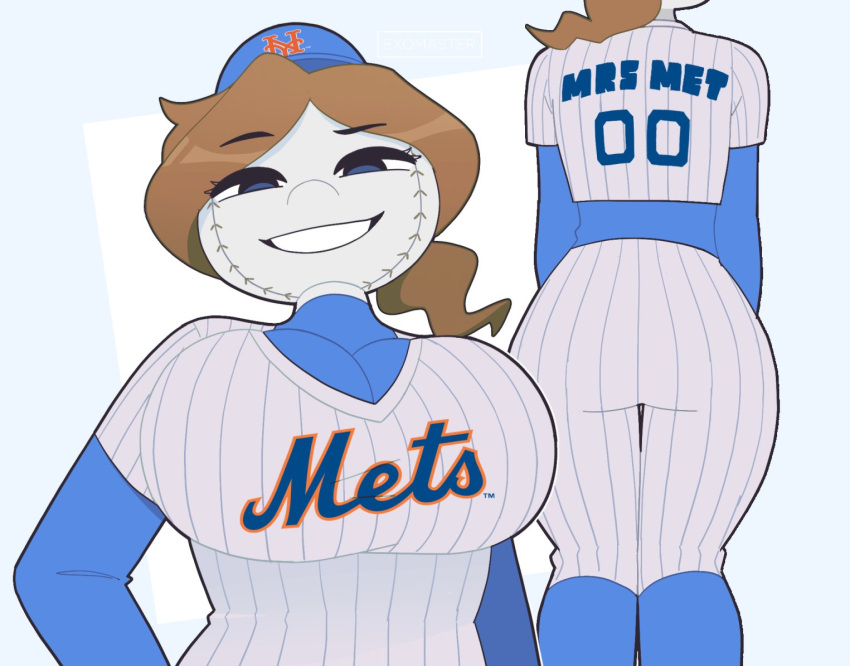 2023 ball baseball_(ball) baseball_cap baseball_uniform big_breasts breasts brown_hair butt clothing exqmaster female for_a_head hair hat headgear headwear humanoid mascot mlb mrs._met new_york_mets not_furry object_head ponytail solo sportswear uniform wide_hips