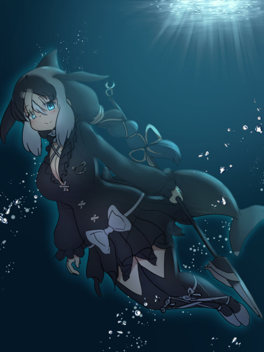 animal_humanoid big_breasts black_hair blowhole blue_eyes braided_hair breasts cetacean cetacean_humanoid cleavage clothed clothing dress fan_character female fin footwear hair head_fin hi_res holding_object holding_weapon humanoid kemono_friends legwear long_hair mammal marine marine_humanoid melee_weapon mo23 multicolored_hair polearm scar sea sidelocks smile solo spear strap-toothed_whale_(mo23) tail thigh_highs underwater water weapon white_hair