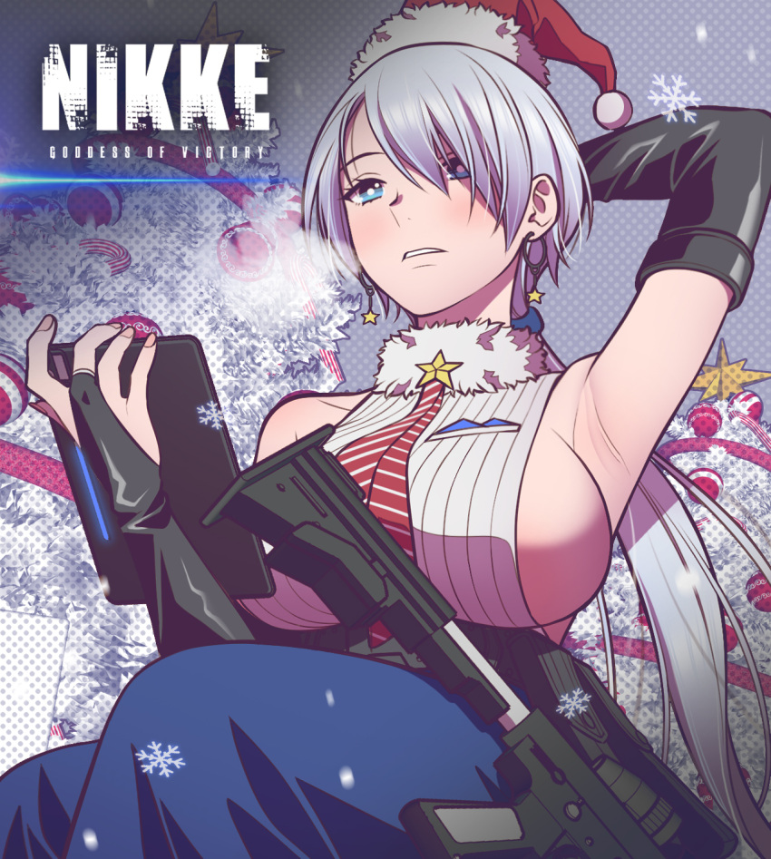 1girl andrian_januar_adilia arm_up armpits assault_rifle black_gloves blue_eyes blue_skirt breasts brid_(nikke) earrings fingerless_gloves gloves goddess_of_victory:_nikke grey_hair gun hat highres holding holding_tablet_pc huge_breasts indonesian_commentary jewelry long_hair looking_at_viewer necktie parted_lips ponytail red_necktie rifle santa_hat shirt skirt sleeveless sleeveless_shirt snowflakes star_(symbol) star_earrings striped_necktie tablet_pc upper_body weapon weapon_request white_shirt