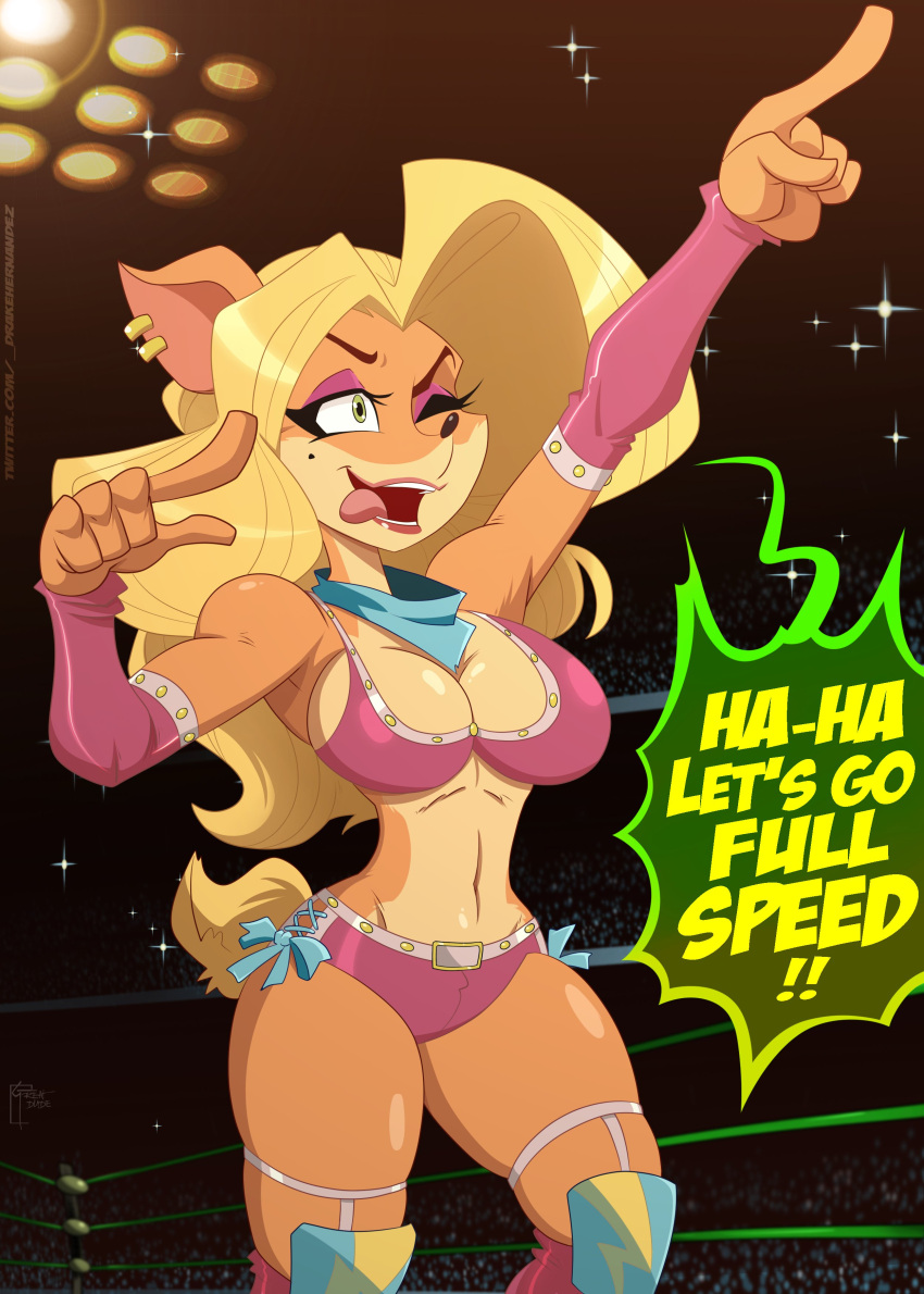 absurd_res activision anthro bandicoot big_breasts breasts cleavage clothed clothing crash_bandicoot_(series) crash_team_rumble drakehernandez female fur hi_res mammal marsupial navel one_eye_closed smile solo tawna_bandicoot text thick_thighs wink