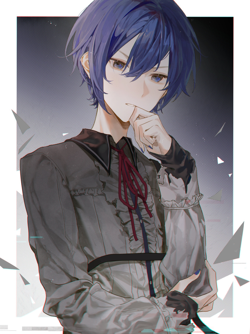 1boy 25-ji_kaito 25-ji_nightcord_de._(project_sekai) absurdres blue_eyes blue_hair blue_nails border collared_shirt commentary dark_blue_hair fingernails hair_between_eyes hand_on_own_elbow hand_on_own_face highres kaito_(vocaloid) lingjiu_yuki long_sleeves male_focus neck_ribbon parted_lips project_sekai red_ribbon ribbon shirt short_hair solo upper_body vocaloid white_border