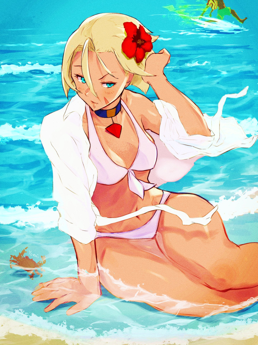 1boy 1girl antenna_hair beach bikini blonde_hair blue_eyes cammy_white choker collarbone commentary crab day dee_jay feet_out_of_frame flower front-tie_bikini_top front-tie_top gameplay_mechanics hair_flower hair_ornament hand_to_head highres navel ocean open_clothes open_shirt outdoors raised_eyebrow red_flower scar scar_on_cheek scar_on_face shirt short_hair signature sitting solo_focus street_fighter street_fighter_6 swimsuit tan water waves white_bikini white_shirt yokozuwari yuenibushi
