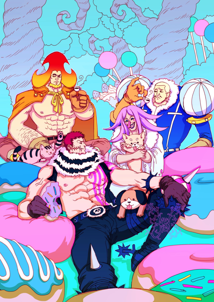 1girl 3boys :d abs animal animal_on_lap arm_hair bare_pectorals beard black_gloves blonde_hair blush bracelet buzz_cut candy cape cat charlotte_brulee charlotte_daifuku charlotte_katakuri charlotte_oven chest_tattoo closed_eyes coat covered_mouth cup dog doughnut earrings eating facial_hair food forked_eyebrows fur_collar gloves highres holding holding_animal holding_cup holding_food hot impossible_hair jewelry lipstick long_hair long_nose looking_to_the_side makeup mature_male mewiyev multiple_boys muscular muscular_male nipples on_lap one_piece open_clothes open_vest orange_hair pants pectorals pencil_mustache pink_eyes pink_hair pink_nose pink_pants purple_hair scar scar_on_face scarf short_hair shoulder_pads siblings sitting smile spiked_bracelet spikes stitches tattoo thick_eyebrows tree upper_body very_short_hair vest