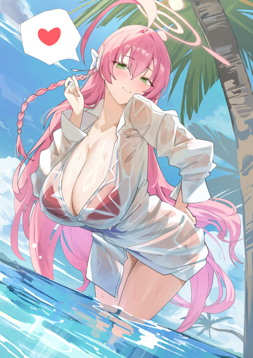 1girl ahoge bikini blue_archive blue_sky blush bow braid breasts cleavage closed_mouth day green_eyes hair_bow hair_ornament halo hanako_(blue_archive) hanako_(swimsuit)_(blue_archive) hand_up heart highres kakumayu large_breasts long_hair long_sleeves looking_at_viewer outdoors palm_tree partially_submerged pink_hair red_bikini shirt sky smile solo swimsuit thighs tree water white_bow white_shirt
