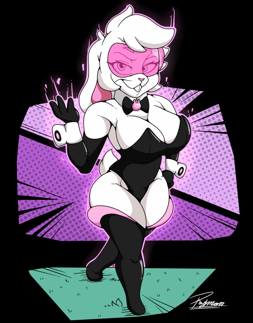 absurd_res anthro big_breasts breasts buckteeth bunny_costume cleavage clothed clothing costume cuff_(restraint) energy eyewear female fur gloves handwear hi_res lagomorph legwear leporid looking_at_viewer mammal power rabbit restraints reymonrr roxy_(senorkah) solo teeth thick_thighs thigh_highs ultra_rosa visor white_body white_fur