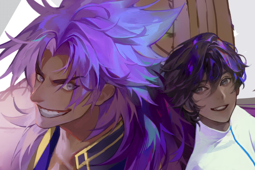 2boys arjuna_(fate) bhima_(fate) black_hair brothers daeraeband dark-skinned_male dark_skin fate/grand_order fate_(series) highres long_hair looking_at_viewer male_focus multiple_boys muscular muscular_male purple_eyes purple_hair purple_vest short_hair siblings smile upper_body vest