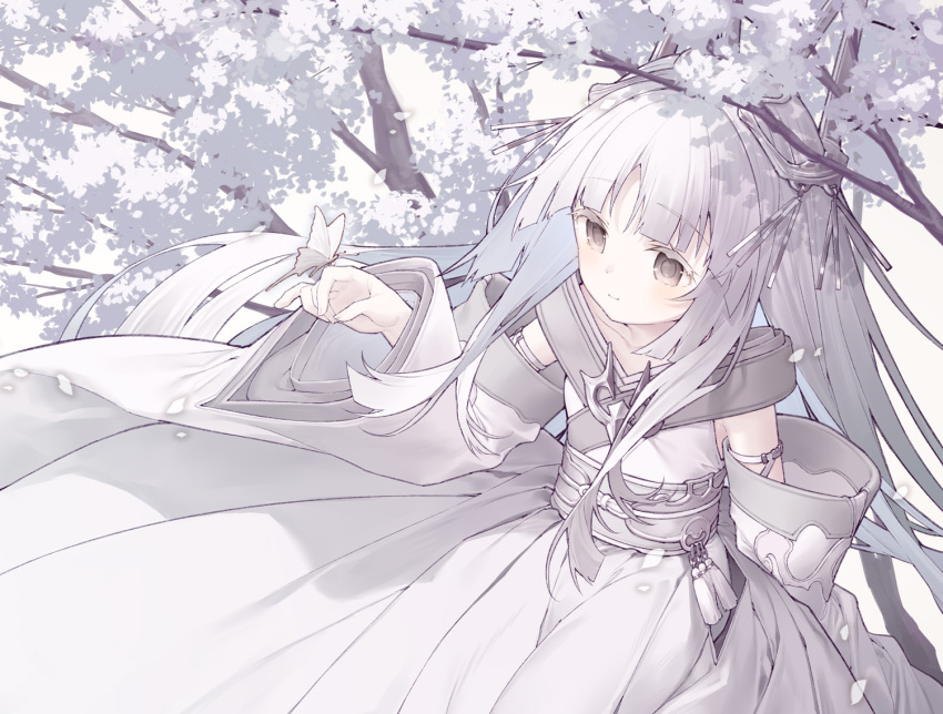 1girl animal_on_hand branch bug butterfly closed_mouth collarbone colored_eyelashes commentary_request detached_sleeves dress grey_background grey_eyes grey_hair hand_up long_hair long_sleeves original parted_bangs simple_background smile solo tokuno_yuika very_long_hair white_dress white_sleeves wide_sleeves