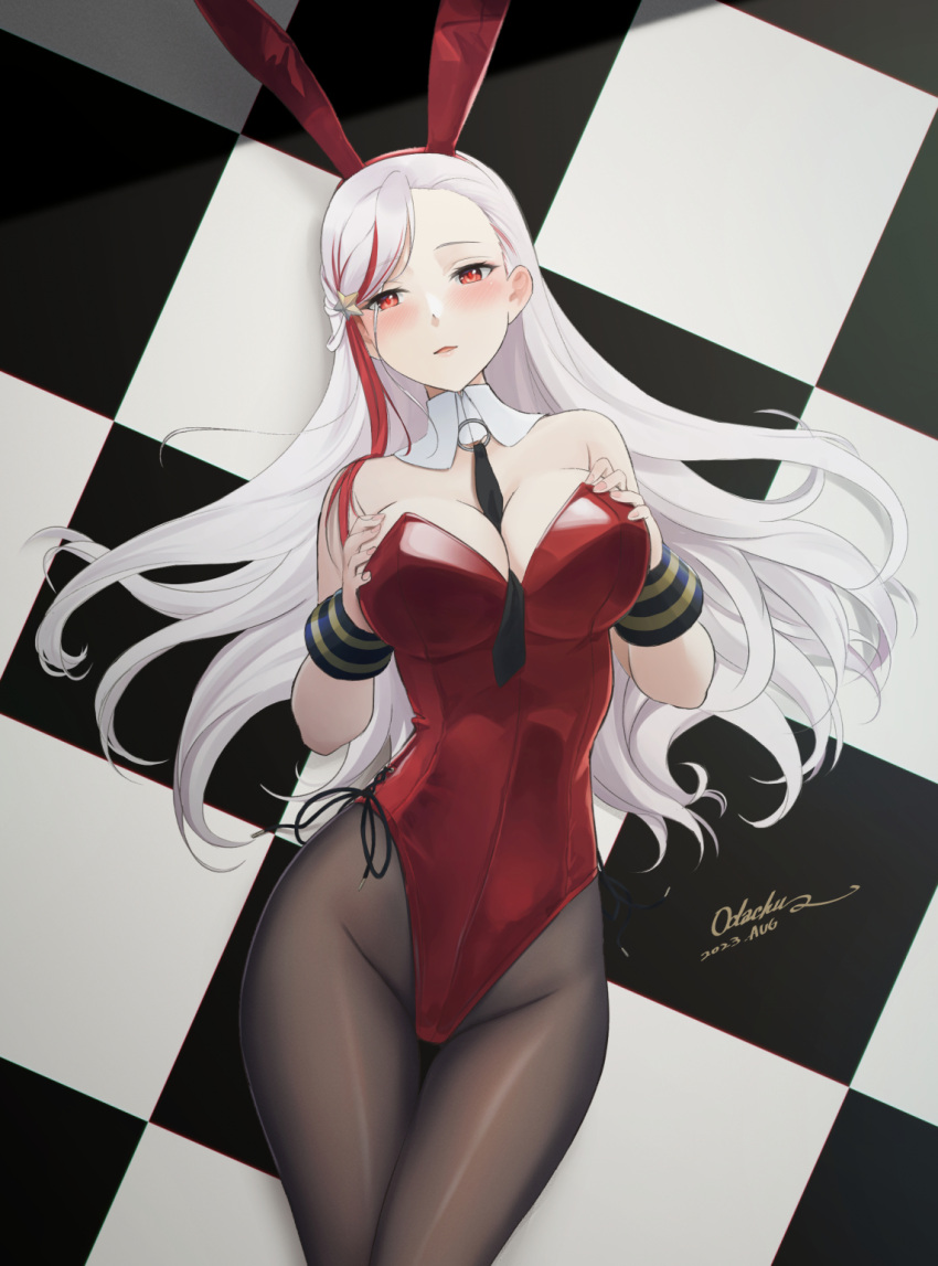 1girl animal_ears armpit_crease bare_shoulders between_breasts black_necktie blonde_hair breasts checkered_floor cleavage commentary detached_collar fake_animal_ears hands_on_own_breasts highleg highleg_leotard highres kantai_collection large_breasts leotard long_hair lying massachusetts_(kancolle) multicolored_hair necktie necktie_between_breasts odachu on_back on_floor pantyhose playboy_bunny rabbit_ears red_eyes red_hair red_leotard solo strapless strapless_leotard streaked_hair