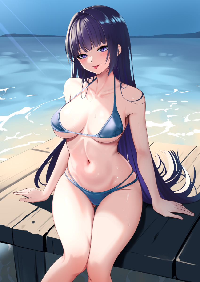 1girl beach bikini black_hairband blue_bikini blue_sky blunt_bangs breasts chinese_commentary commentary_request day defaultkavy feet_out_of_frame hairband highres honkai_(series) honkai_impact_3rd horizon large_breasts long_hair looking_at_viewer multi-strapped_bikini navel ocean outdoors pier raiden_mei sky solo swimsuit tongue tongue_out