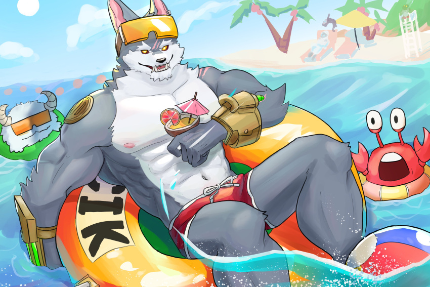 absurd_res anthro ball beach_ball beach_umbrella canid canine canis clothing eyewear glasses hi_res humanoid inflatable kindred_(lol) league_of_legends male mammal muscular muscular_male nipples pecs poro renekton riot_games scar smile solo warwick_(lol) warwickislovely wolf