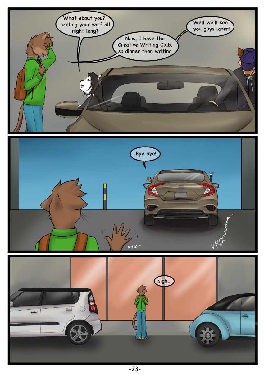 absurd_res anthro canid canine car devin_fox disappointed domestic_cat driving felid feline felis female fox group hi_res jesse_cat male mammal melissa_cat parking_garage rayray_wolfie solo vehicle