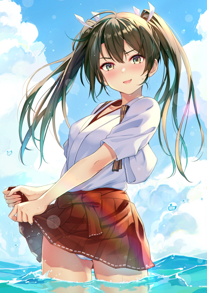 1girl blush commentary_request dark_green_hair drying drying_clothes green_hair hair_ribbon hakama hakama_short_skirt hakama_skirt highres in_water japanese_clothes kanden_sky kantai_collection long_hair looking_at_viewer miko ocean open_mouth panties pantyshot partially_submerged ribbon shallow_water skirt standing twintails underwear upper_body water wet wet_clothes wet_hair white_panties white_ribbon yellow_eyes zuikaku_(kancolle)