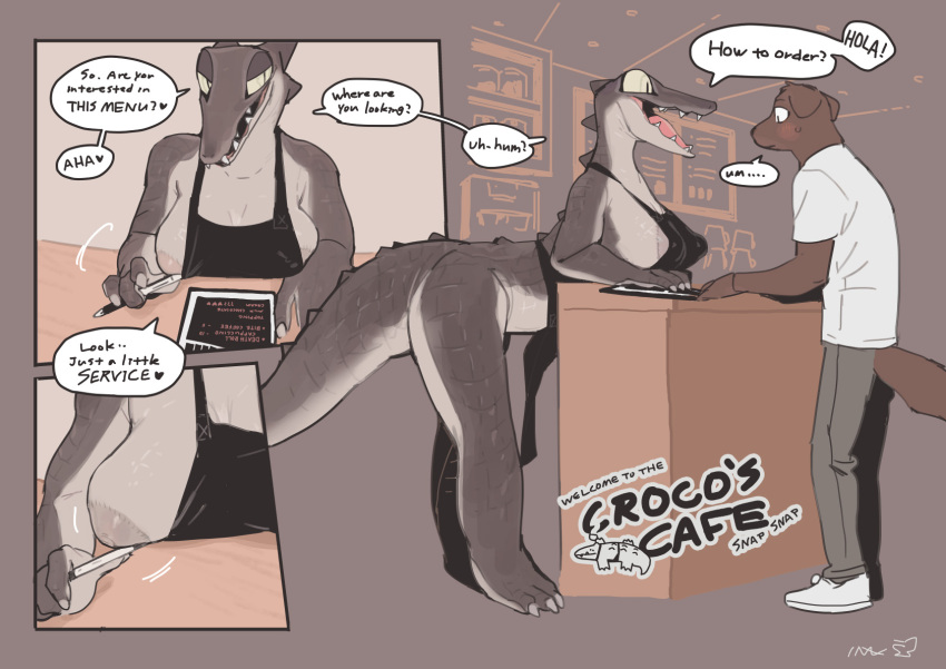 anthro areola bebebebebe biped breasts canid canine canis crocodile crocodilian crocodylid dialogue domestic_dog duo english_text female grey_background grey_body hi_res male mammal nipples open_mouth pupils reptile scalie simple_background slit_pupils speech_bubble text