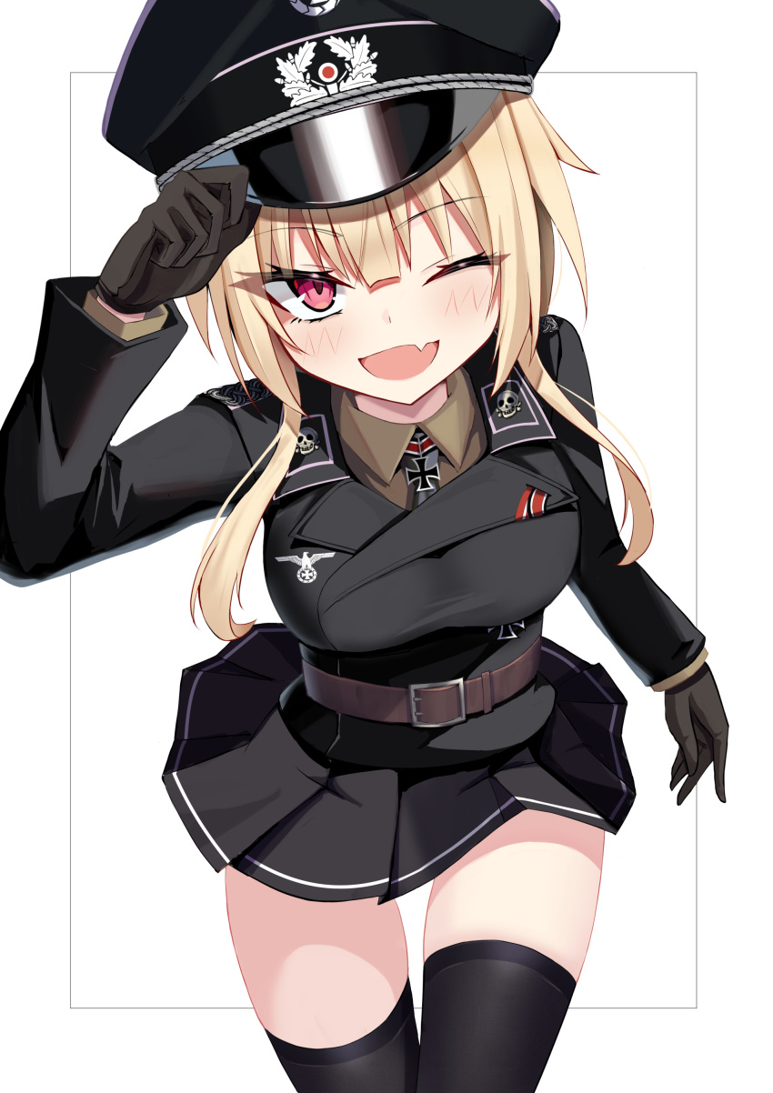 1girl :d absurdres adjusting_clothes adjusting_headwear belt black_gloves black_thighhighs blonde_hair cross fang gloves hand_on_own_hip hat highres iron_cross jiseki_rena looking_at_viewer military_uniform nazi one_eye_closed original peaked_cap red_eyes reichsadler rena_(jiseki_rena) short_hair_with_long_locks skin_fang skirt smile solo thighhighs totenkopf tsurime uniform white_background