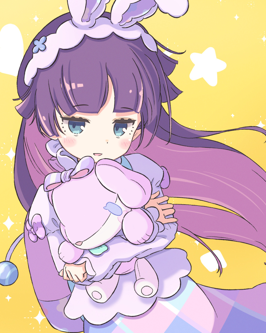 1girl animal_ears blue_eyes blush dress feli_(puyopuyo) highres holding holding_stuffed_toy hugging_own_legs jazz_grace long_hair looking_at_viewer purple_hair puyopuyo puyopuyo_fever rabbit_ears star_(symbol) stuffed_animal stuffed_toy white_dress yellow_background