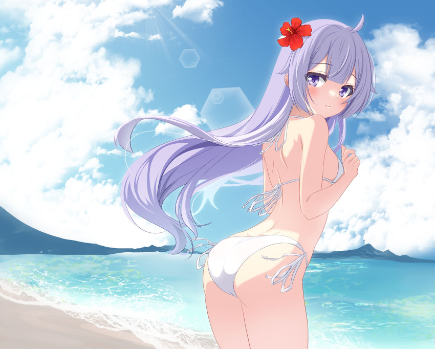 1girl ahoge alternate_costume ass azur_lane back bare_arms bare_shoulders bikini blue_sky blush breasts closed_mouth cloud commentary_request day flower from_behind hair_flower hair_ornament halterneck highres long_hair ocean outdoors purple_eyes purple_hair shore shoulder_blades side-tie_bikini_bottom sky small_breasts smile solo string_bikini sukireto sunlight swimsuit unicorn_(azur_lane) very_long_hair white_bikini