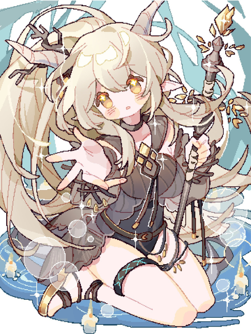 1girl :o arknights black_dress blonde_hair blue_background border breasts dress flower-shaped_pupils full_body head_tilt highres holding holding_staff horns infection_monitor_(arknights) kneeling light_brown_hair long_hair medium_breasts official_alternate_costume outstretched_hand parted_lips pixelated pointy_ears ripples sandals saucer_(saucer752) shining_(arknights) shining_(silent_night)_(arknights) solo staff symbol-shaped_pupils very_long_hair