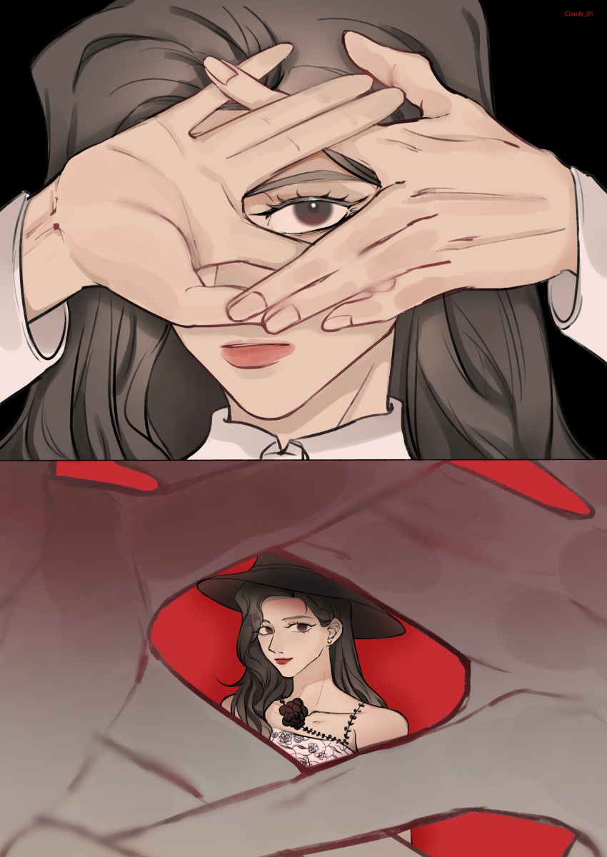 2girls absurdres animification black_eyes black_flower black_hair black_headwear brown_eyes brown_hair chinese_commentary collarbone dahyun_(twice) derivative_work dress flower hair_behind_ear highres jinduoyun k-pop long_hair looking_at_viewer multiple_girls one_eye_covered pov real_life red_background sana_(twice) smile strapless strapless_dress twice_(group)