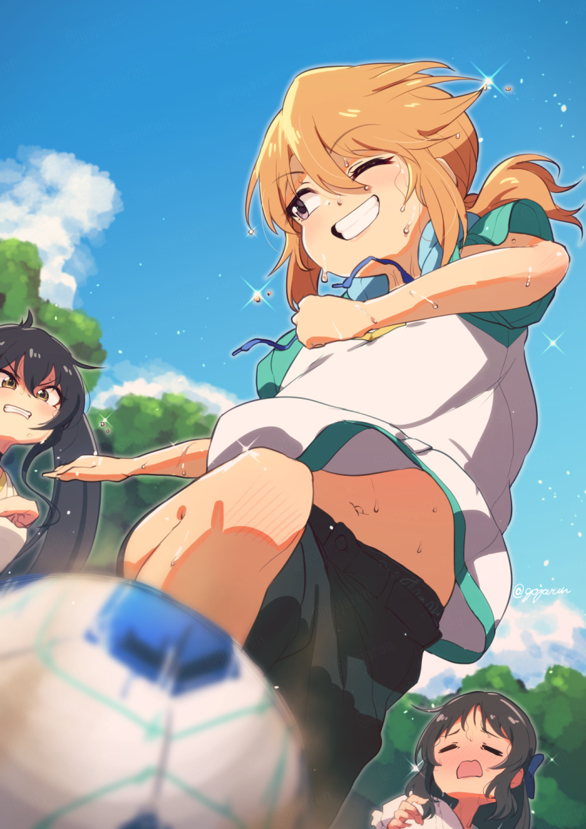 3girls ;d =_= ball black_hair blue_sky blush clenched_teeth exhausted gojarun grin highres idolmaster idolmaster_cinderella_girls looking_at_another matoba_risa midriff_peek multiple_girls navel one_eye_closed orange_hair outdoors playing_sports raglan_sleeves short_sleeves sky smile soccer soccer_ball sweatdrop tachibana_arisu teeth v-shaped_eyebrows yuuki_haru