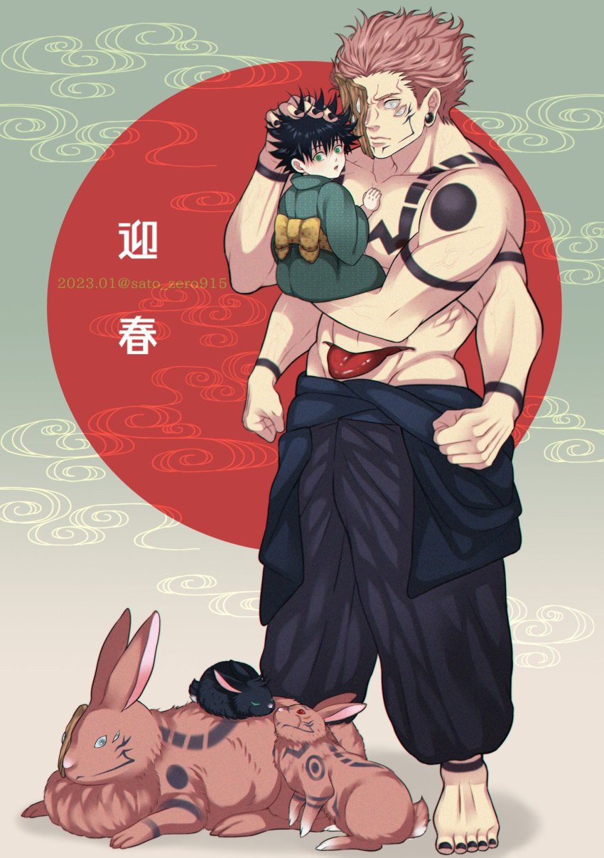 2023 2boys age_difference aged_down animalization arm_tattoo black_hair black_nails chest_tattoo commentary_request extra_arms extra_eyes extra_tongue facial_tattoo full_body fushiguro_megumi green_eyes green_kimono highres japanese_clothes jujutsu_kaisen kimono lifting_person long_sleeves male_child male_focus multiple_boys muscular muscular_male pink_hair rabbit red_eyes ryoumen_sukuna_(jujutsu_kaisen) sato_zero915 standing tattoo toenails topless_male