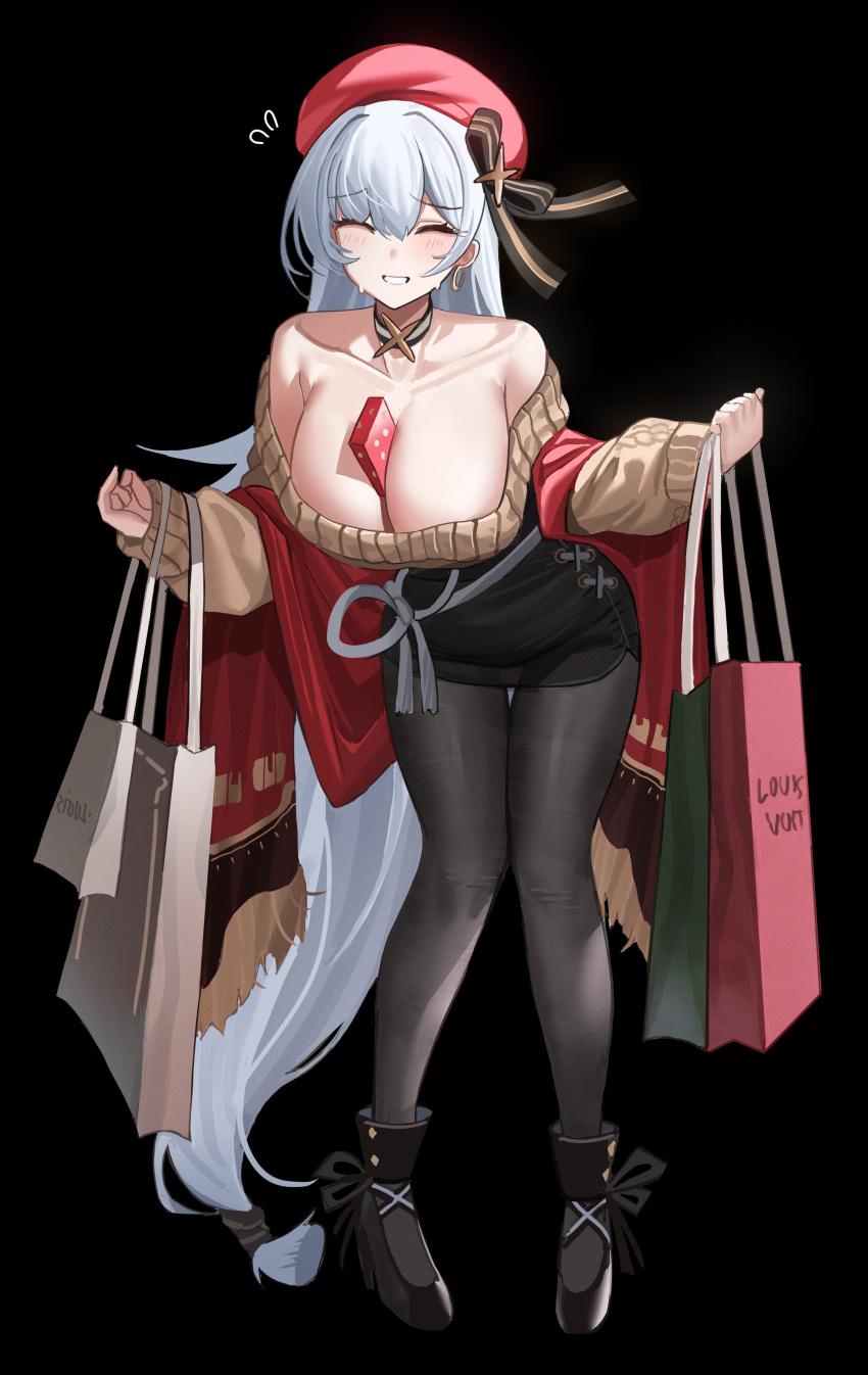 1girl absurdres azur_lane bag bare_shoulders belfast_(azur_lane) belfast_(shopping_with_the_head_maid)_(azur_lane) between_breasts black_background black_footwear black_skirt blush breasts carrying_bag casual choker cleavage closed_eyes earrings embarrassed hair_between_eyes hat highres jewelry jeze large_breasts long_hair nervous_smile red_scarf ribbon sash scarf sidelocks skirt smile struggling sweat sweater thighhighs white_hair