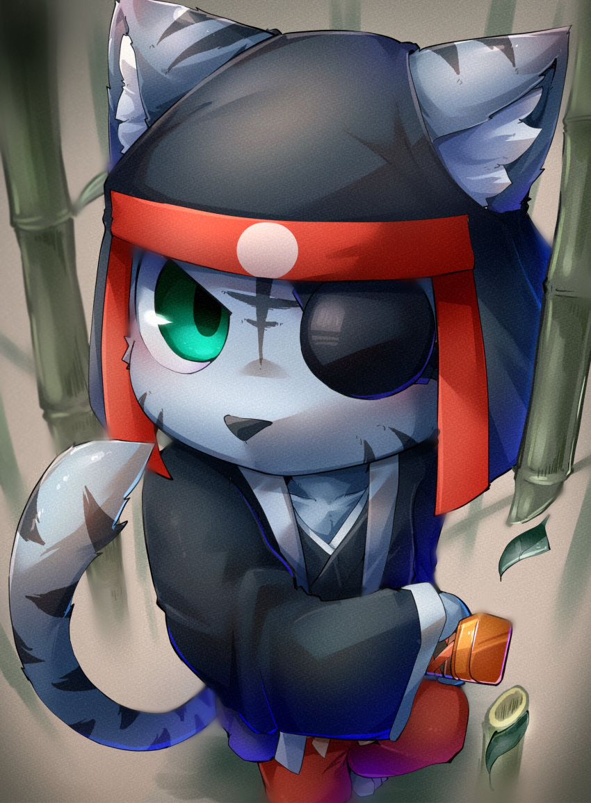 2023 absurd_res anthro asian_clothing bamboo bamboo_forest barefoot bemani bottomwear clothing east_asian_clothing eye_patch eyewear feet felid forest fur green_eyes grey_body grey_fur headgear headwear hi_res holding_katana holding_object holding_sword holding_weapon japanese_clothing kagetora_(pop'n_music) kemokemo02091 kimono konami male mammal melee_weapon pantherine pants plant pop'n_music raised_tail serious solo stripes sword tail tiger tree weapon