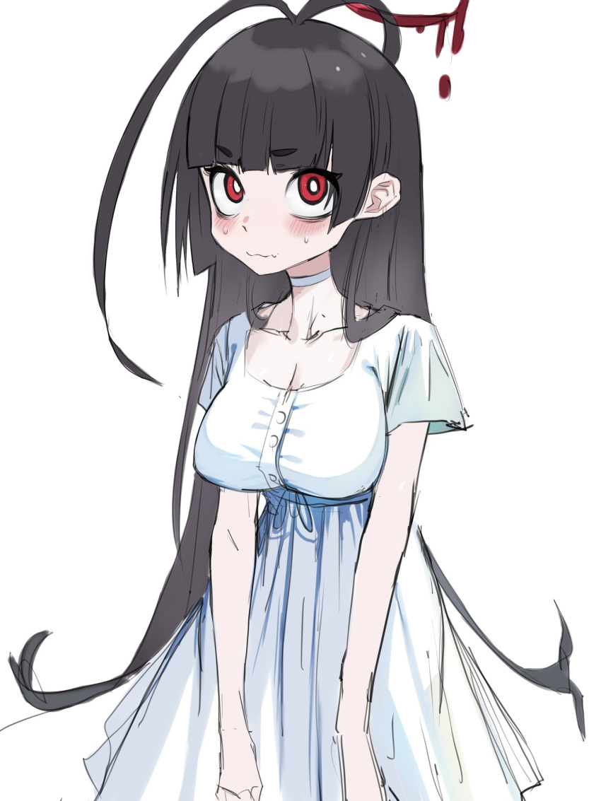 1girl antenna_hair black_hair blue_archive blunt_bangs blush breasts bright_pupils buttons choker cleavage collarbone commentary_request dress empire_waist go_d_e highres hime_cut korean_commentary large_breasts long_hair looking_at_viewer low-cut nervous red_eyes sanpaku short_eyebrows short_sleeves sketch solo sweat tsurugi_(blue_archive) upturned_eyes wavy_mouth white_choker white_dress white_pupils