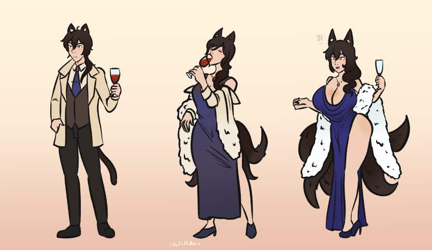 absurd_res alcohol animal_humanoid beverage big_breasts black_hair breast_growth breasts canid canid_humanoid canine canine_humanoid cat_humanoid classy clothed clothing colored dress drinking felid felid_humanoid feline feline_humanoid female footwear fox fox_humanoid gender_transformation growth hair hi_res high_heels humanoid inkyfluffdraws long_hair male mammal mammal_humanoid mtf_transformation multi_tail solo species_transformation surprised_expression tail tail_growth thick_thighs transformation wine