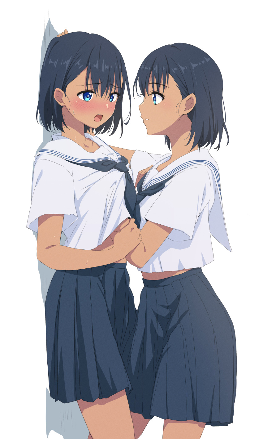 2girls absurdres black_hair black_neckerchief black_skirt blue_eyes blush collared_shirt cowboy_shot eye_contact hand_under_clothes highres kofune_mio looking_at_another midriff miniskirt multiple_girls neckerchief nnyara open_mouth parted_lips pleated_skirt sailor_collar sailor_shirt school_uniform selfcest serafuku shadow_mio shirt short_hair simple_background skirt stomach summertime_render white_background white_sailor_collar white_shirt yuri