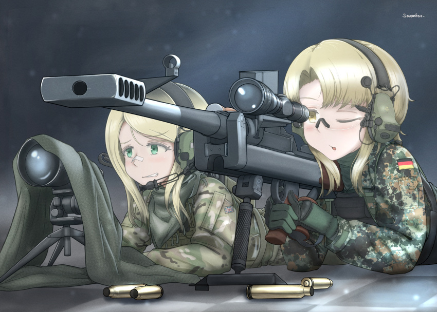 2girls aiming bandaid bandaid_on_face bandaid_on_nose bandana binoculars bipod blonde_hair body_armor bundeswehr camouflage german_flag green_eyes gun headset highres military multiple_girls original rifle safety_glasses savankov shell_casing signature sniper_rifle spotter spotter_scope tripod weapon