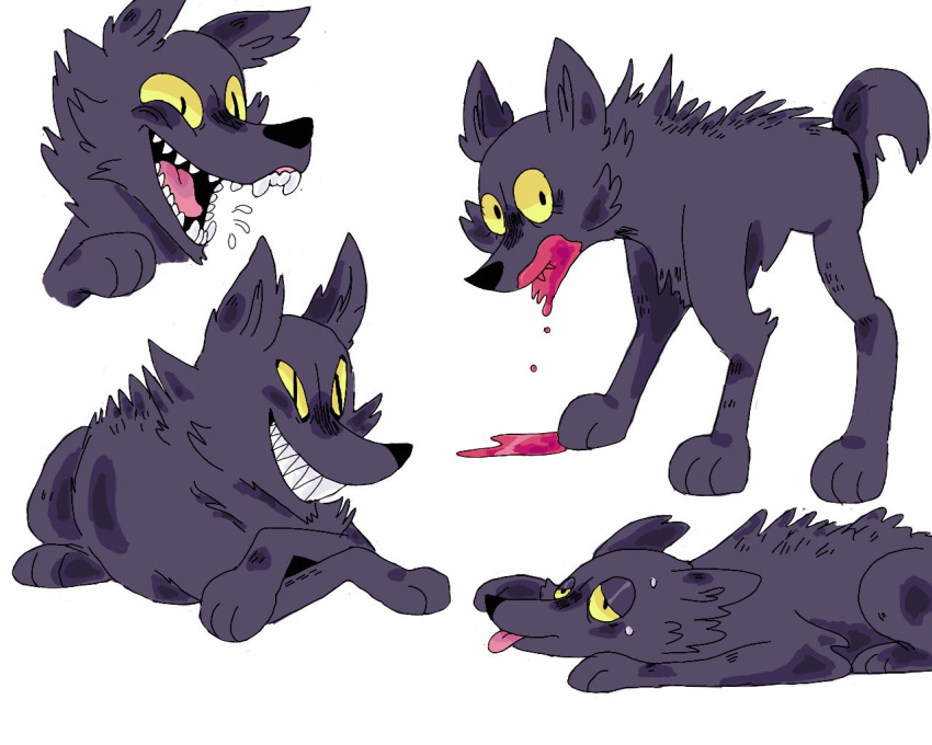 5:4 ambiguous_gender black_body black_ears black_fur black_tail canid canine canis eyelashes eyeshadow fangs feral fur implied_blood makeup mammal paws puppkittyfan1 quadruped solo tail teeth tongue wolf yellow_sclera